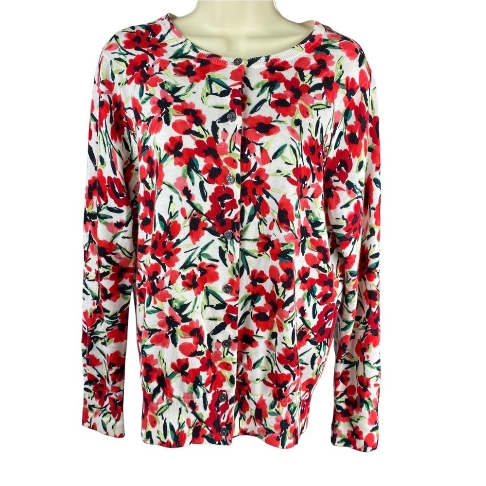 Lands’ End Womens Red Floral Cardigan Sweater